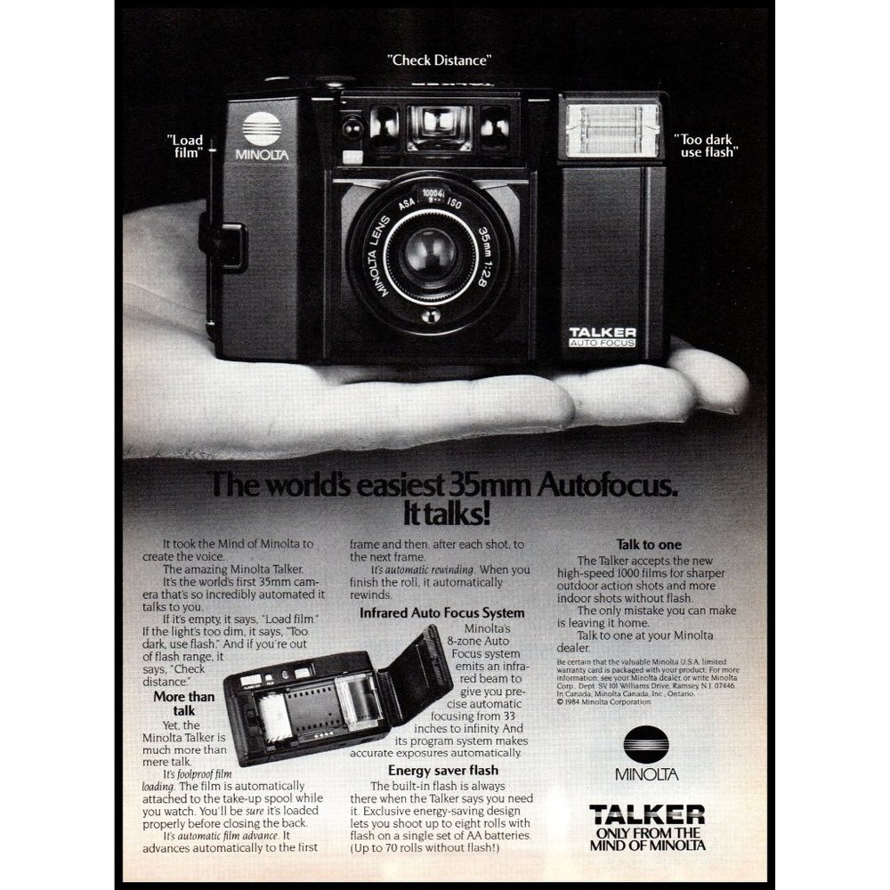 1984 Minolta Talker Auto Focus Film Camera Vintage Print Ad Photography Wall Art